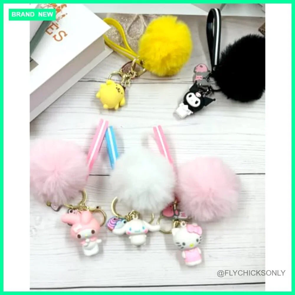 Pom Pom Keychain with PVC Pendant and Wrist Strap